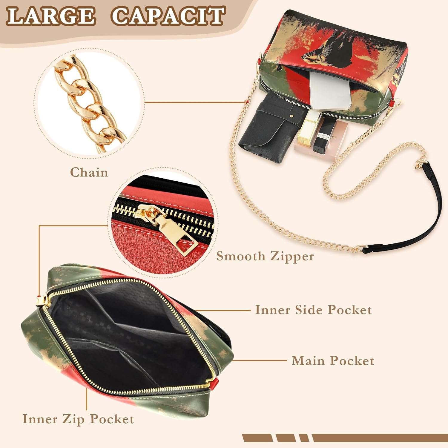 Women Crossbody Bag Shoulder Handbag Cellphone Purse PU Leather Metal Chain Strap Water Resistant Zipper Closure African Elephant Print