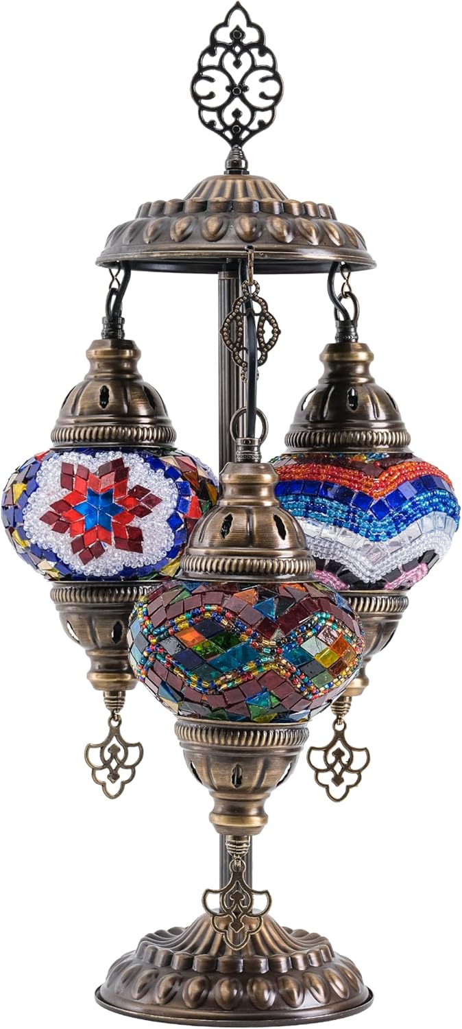 mozaist Turkish Table Lamp, Boho Lamp, 3 Globe Mosaic Desk Light, Decorative Tiffany Lampshade, Colorful Vintage Lamp for Bedroom, Living Room, Kids Room US Plug & E12 Socket, Mixed Mosaic