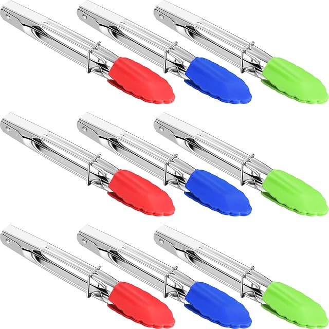 9 Pieces Mini Serving Tongs 7 Inch Small Tiny Tongs Silicone Kitchen Food Metal Tongs for Salad Grilling Cooking (Red, Green, Blue)