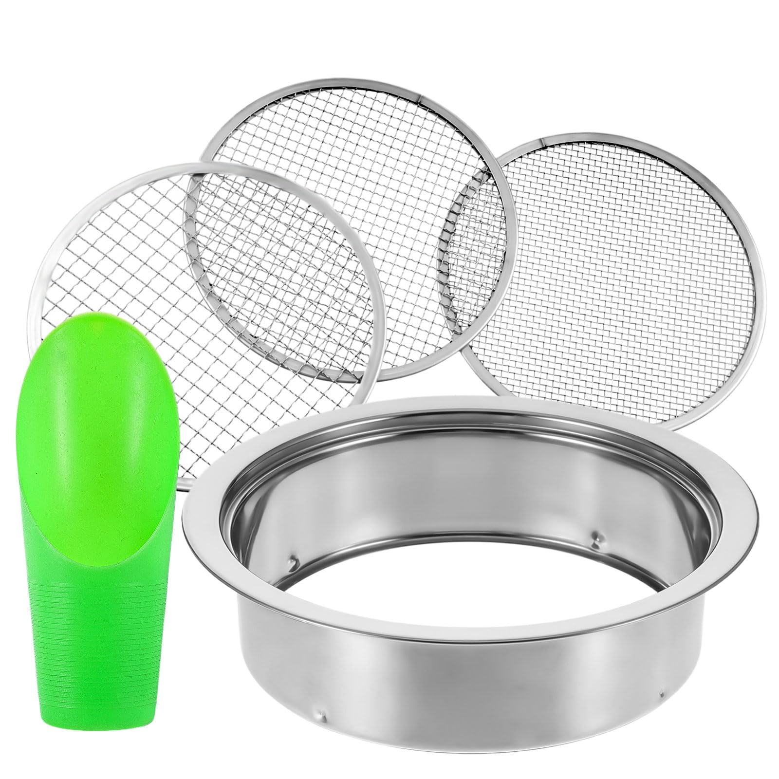 Lemecima Soil Sieve Sifter Set, Stainless Steel, 3 Interchangeable Mesh Screens (3,6,9mm), Garden Sieve Set, Sifting Screen for Dirt, Sand, Rock, Compost, with Soil Scoops Gardening Tool