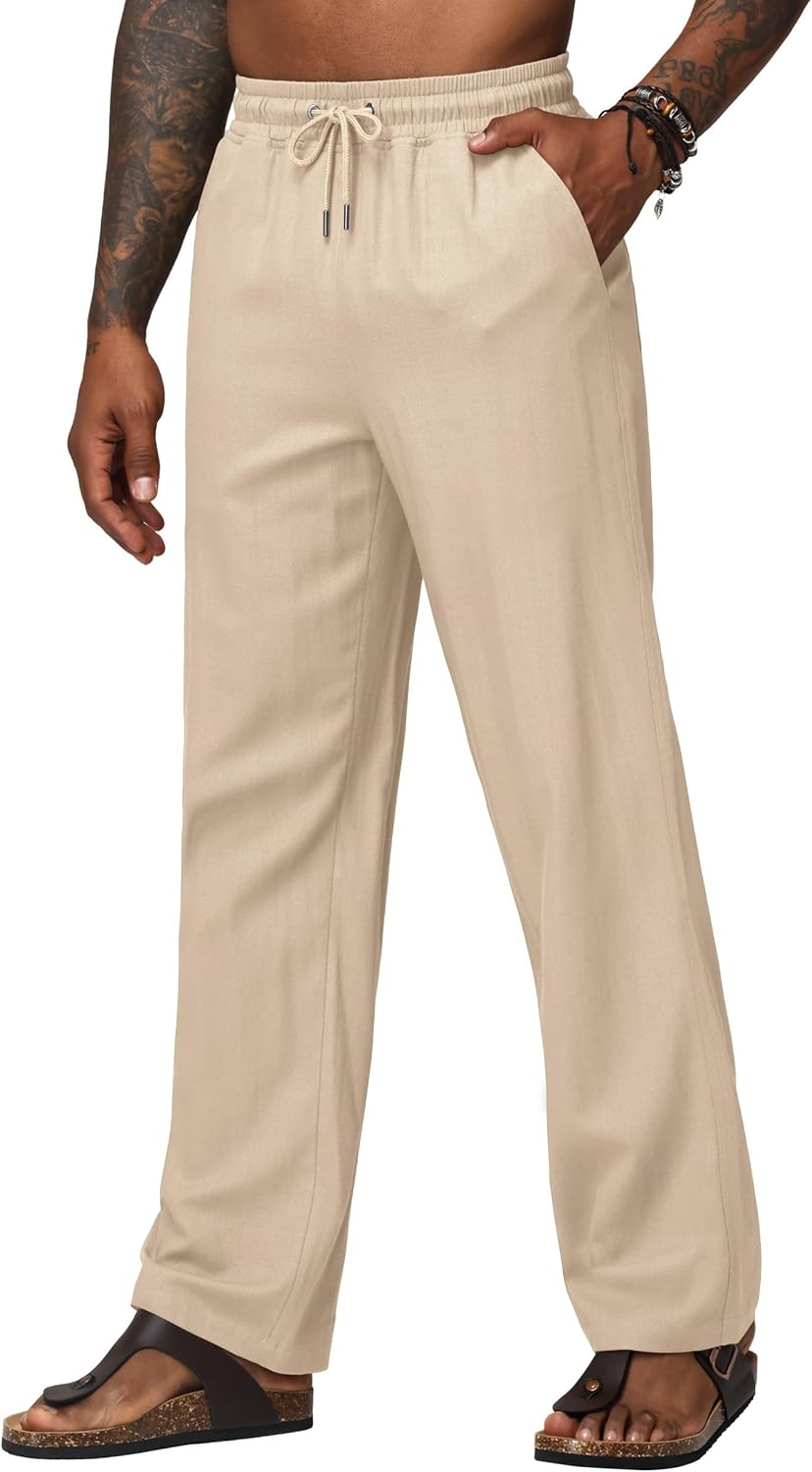 Men's Linen Pants Casual Linen Dress Pants Drawstring Lightweight Trousers for Beach Summer 28" 30"