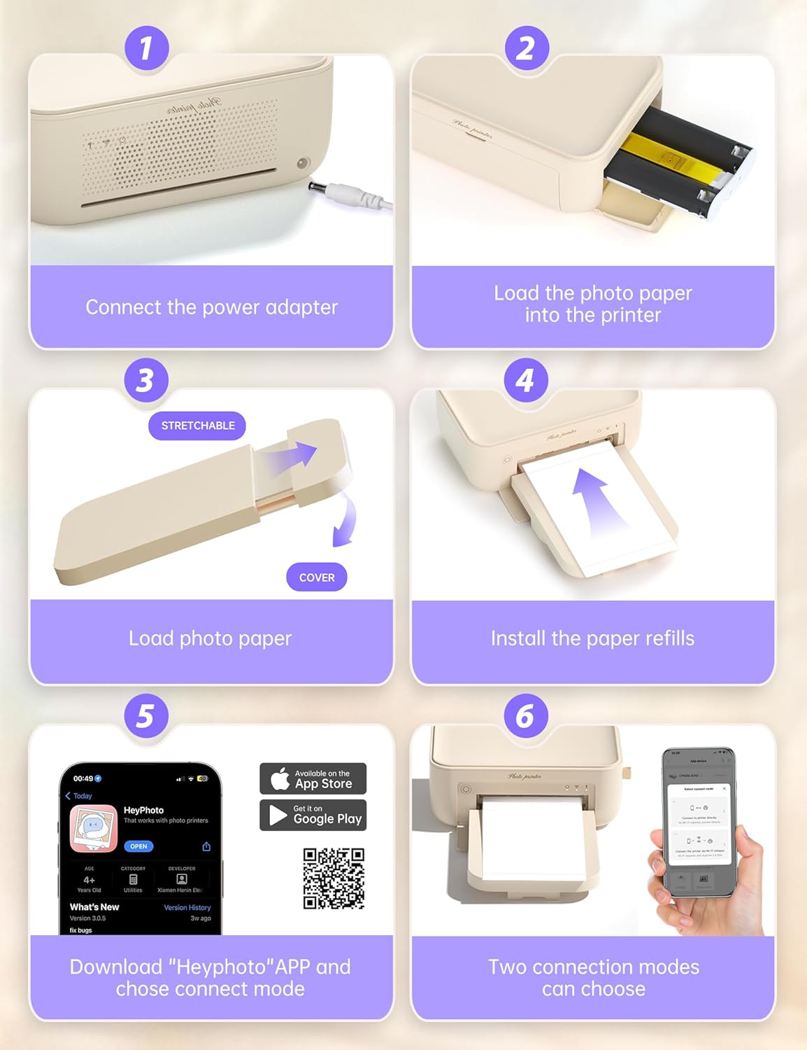 iDPRT 4x6 Photo Printer, CP4100 Photo Printer for iPhone & Android with 108 Sheets & 2 Cartridges, Wi-Fi Wireless Portable Picture Printer, Instant Print Photos, Dye Sublimation, Beige