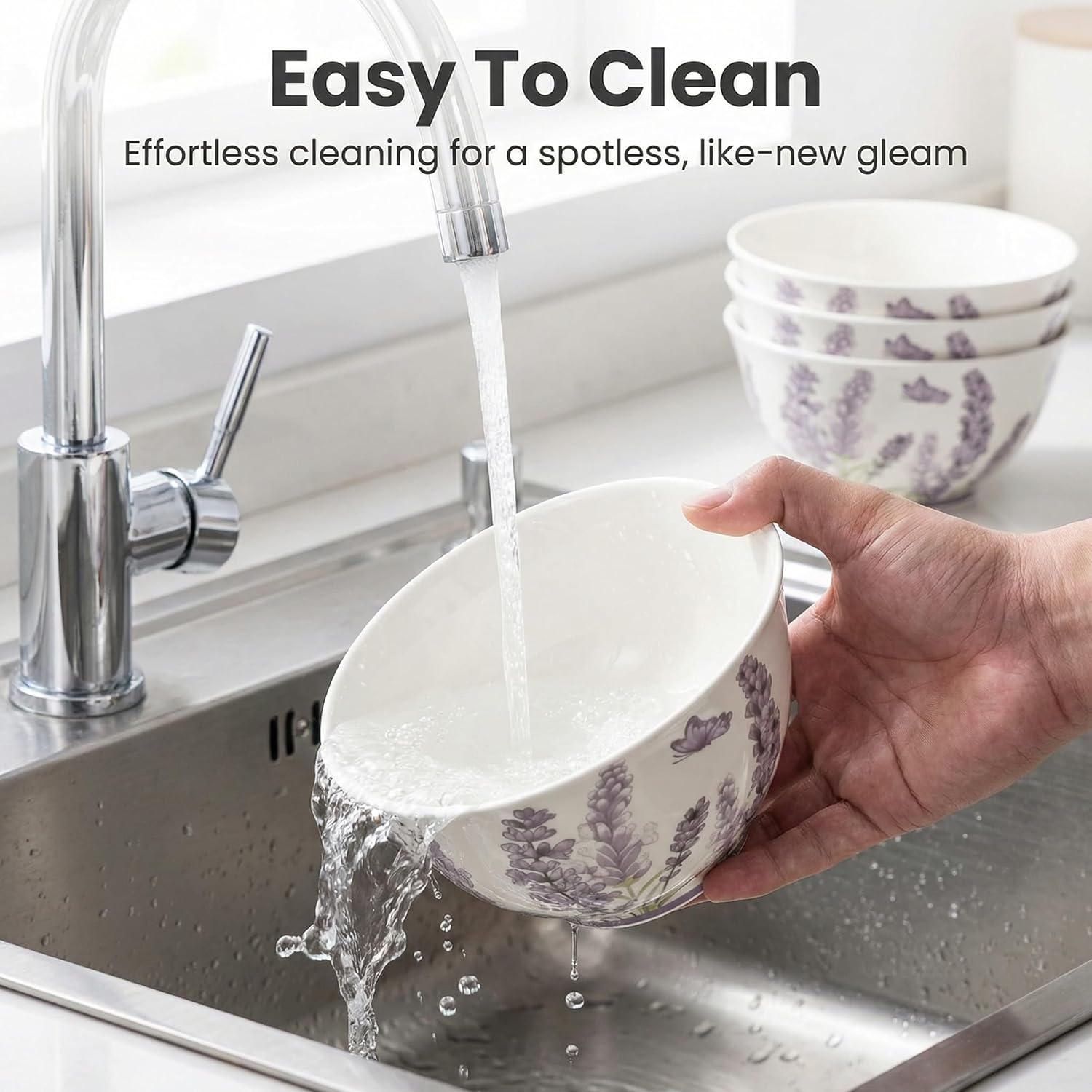 Cereal Bowls Set of 4, 23.5 oz Ceramic Soup Bowls, 6 Inch Lavender Floral Bowls for Oatmeal, Salad, Rice, Microwave and Dishwasher Safe, Gift for Housewarming