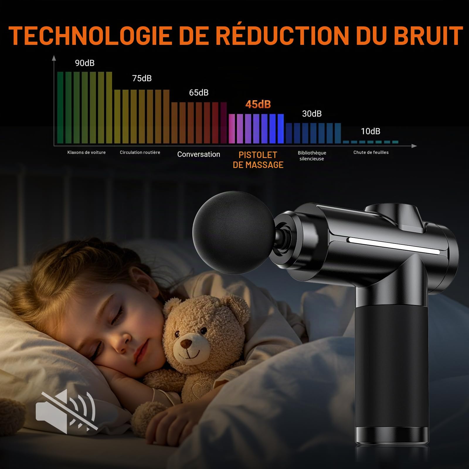 Pistolet de Massage Musculaire, Masseur de Muscle Profonds Massage gun avec 32 Niveaux Réglables, 8 Têtes de Massage Pistolet Massage pour Douleurs Musculaires et Raideurs