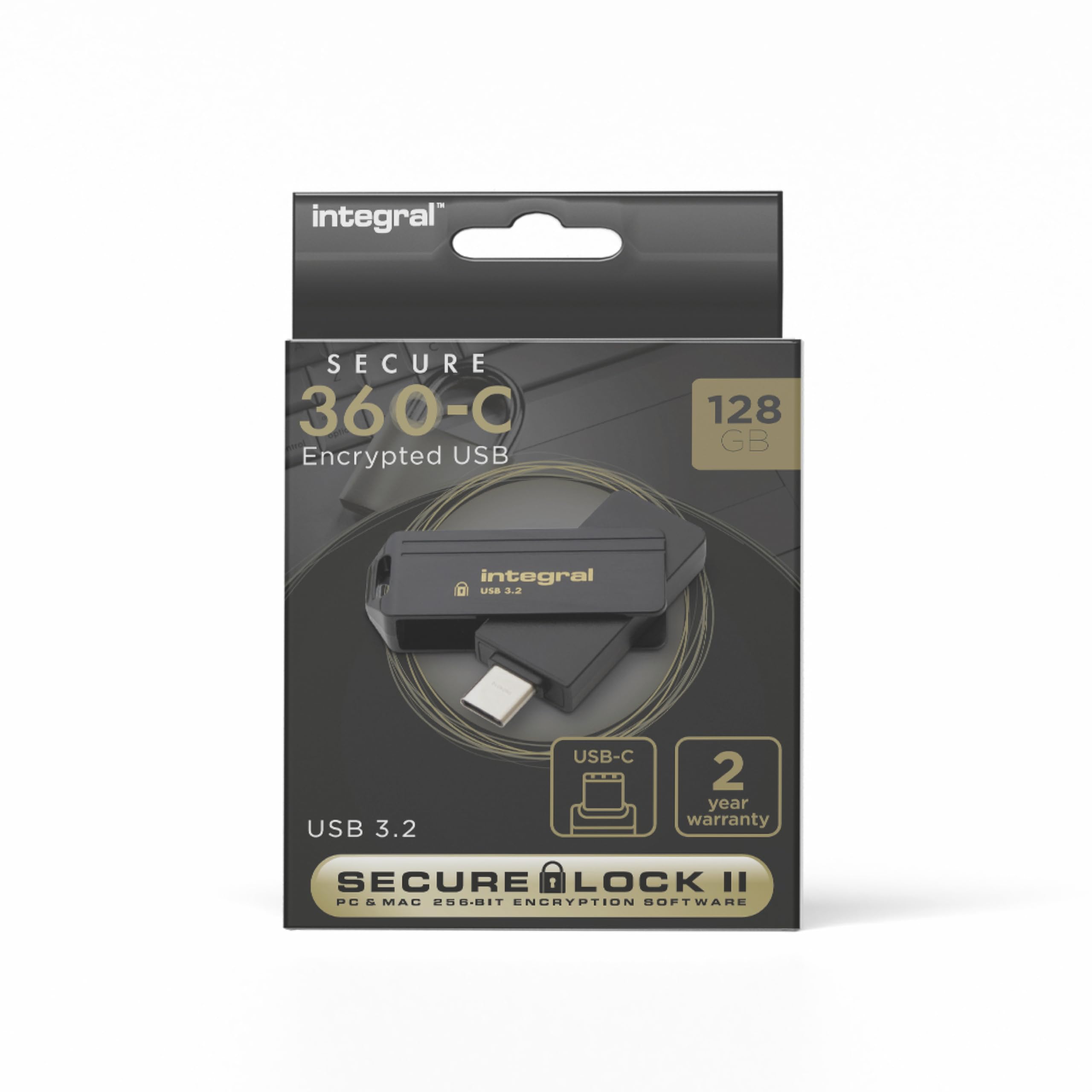 Integral Secure 360-C 128GB Software Encrypted USB Flash Drive - USB-C Connector - 256-bit AES encryption - Compatible with Mac, MacBook, PC, laptop