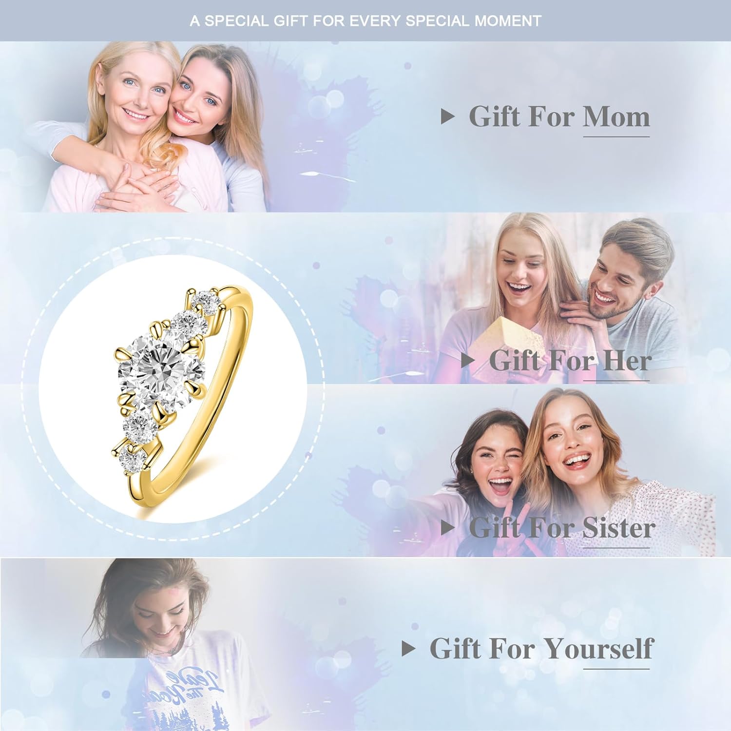 5-stone Round Moissanite Engagement Ring 925 Sterling Silver 10K 14K 18K Solid Gold Moissanite Eternity Wedding Band with Engraving