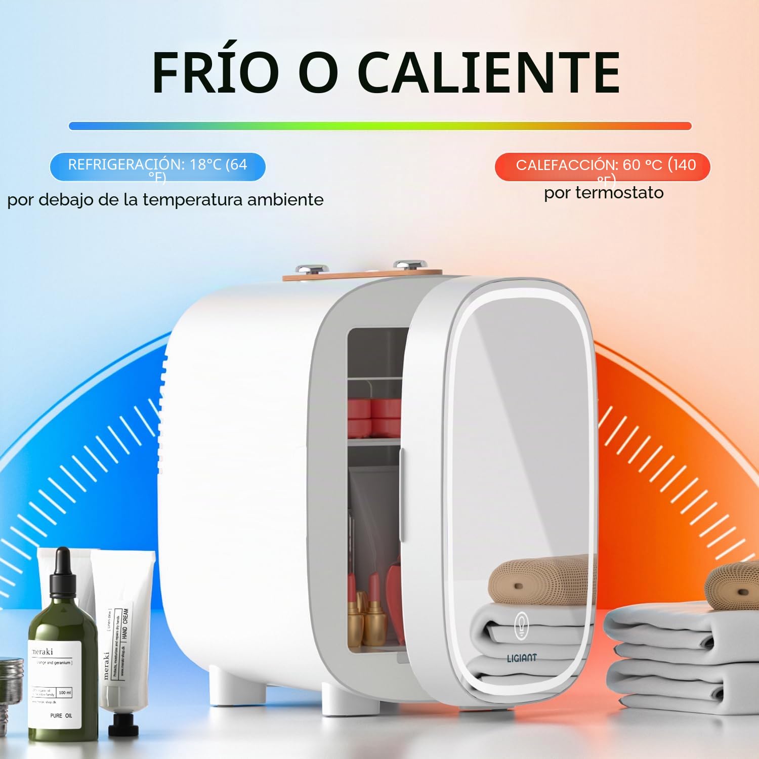 LIGIANT DF01A Skincare Nevera, Nevera Pequeña con Espejo LED, Bajo ruido, Función Frío y Calor, 4L Mini Nevera para Dormitorio, Portátil para Múltiples Usos – Dormitorio, Oficina y Coche