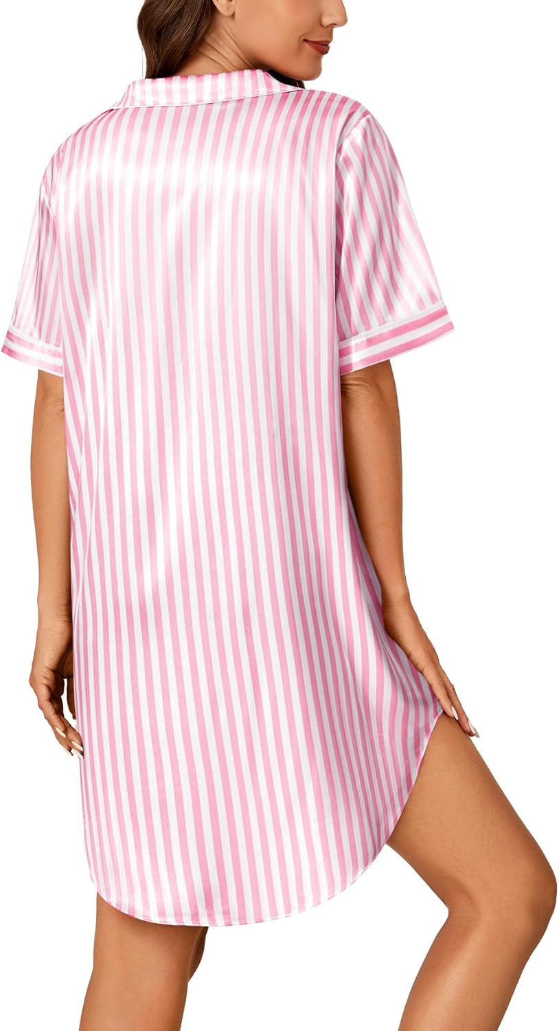 Vrtige Women's Satin Nightgown Button Down Sleepshirt Silk Short Sleeve Nightshirt Sleepwear - Image 5