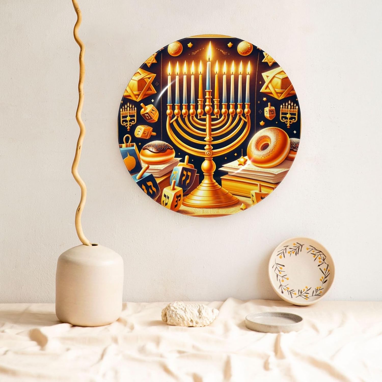 Happy-Hanukkah-Jewish-Menorah 10 Inch Decorative Plate With Stand, Elegant Display Wall Plate For Home Decor