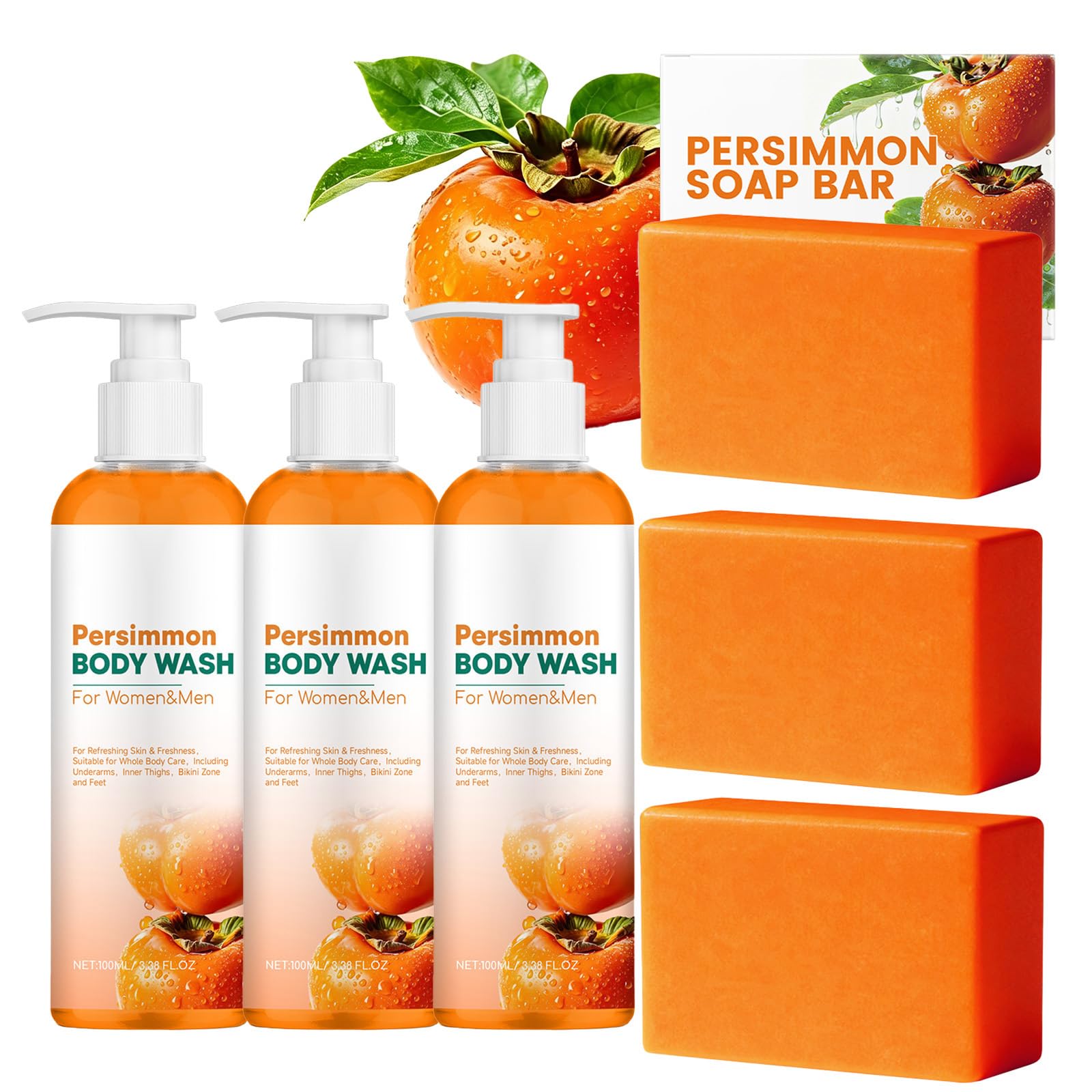 Set di sapone e bagnoschiuma al cachi per anziani, profumo fresco a lunga (3pcs)