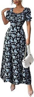 Floerns Women's Floral Short Puff Sleeve Milkmaid Boho A Line Long Dresses | Floral, Polka Dots, Flowy, Beach Vacation, Summer, Cottage Core Resort Wear, Maxi Dress