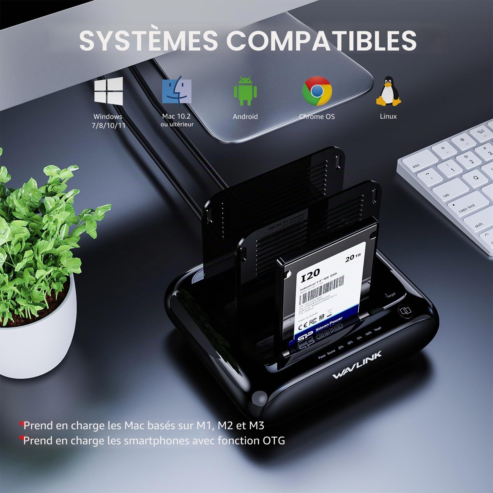 Wavlink Station d'accueil pour disques durs externes Support 2x20TB,USB 3.0 vers SATA I/II/III pour disques durs de 2,5 ou 3,5 Pouces,SSD avec Fonction de clonage Hors Ligne,Support UASP SATA 5Gbps