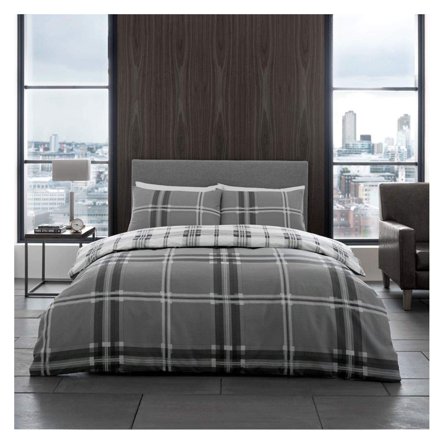 Fairwayuk Grey Check Striped Duvet Cover Set, Reversible Soft Bedding, 3 Piece Hypoallergenic Quilt Covers, Button Closure, King Size Bed, 230X220cm