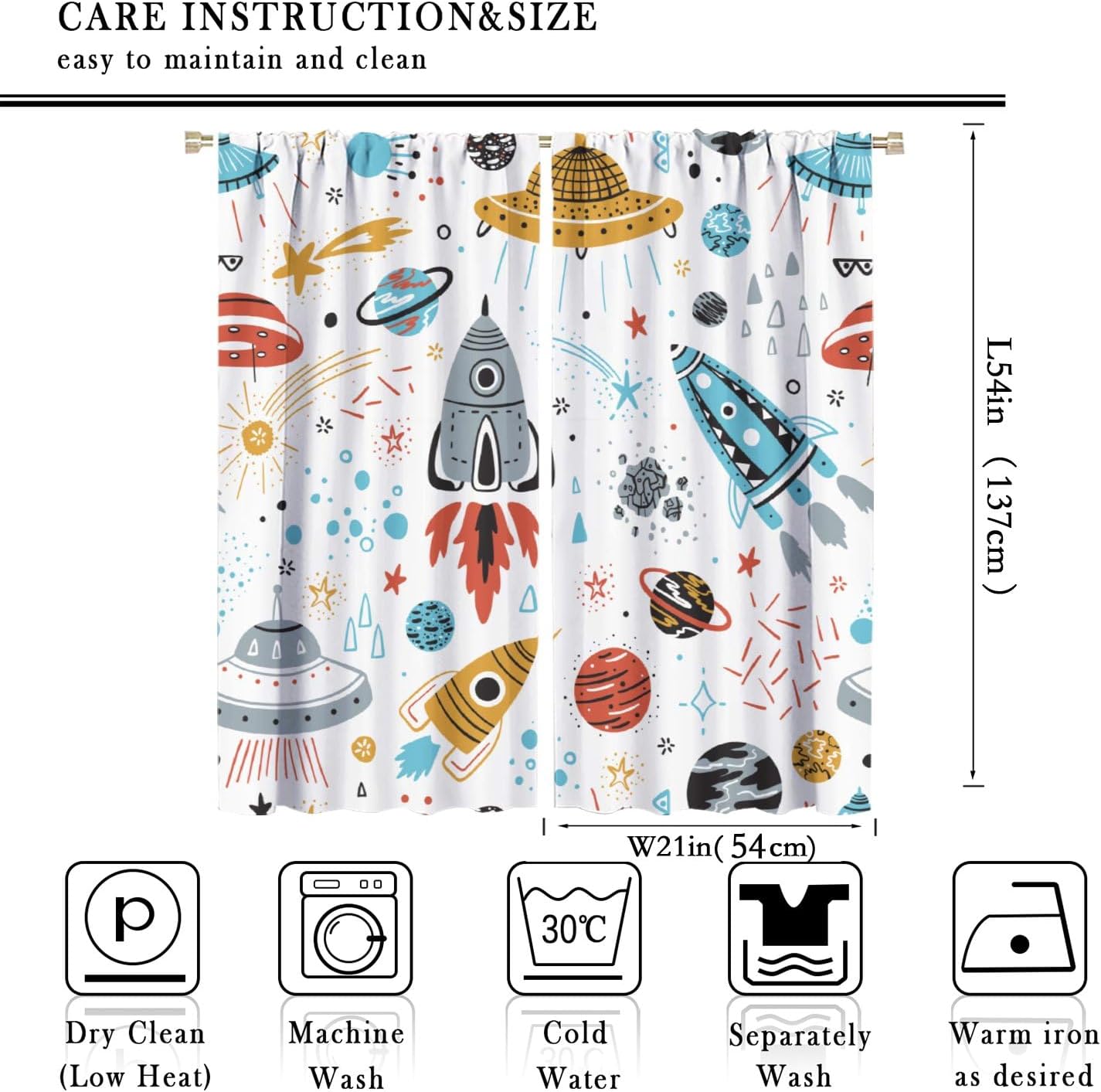 Kids Space Rocket Curtains, Cartoon Outer Space Rockets Planets Stars Comets Universe Adventure Print Window Treatments for Boys Bedroom Living Room 42x54 Inch