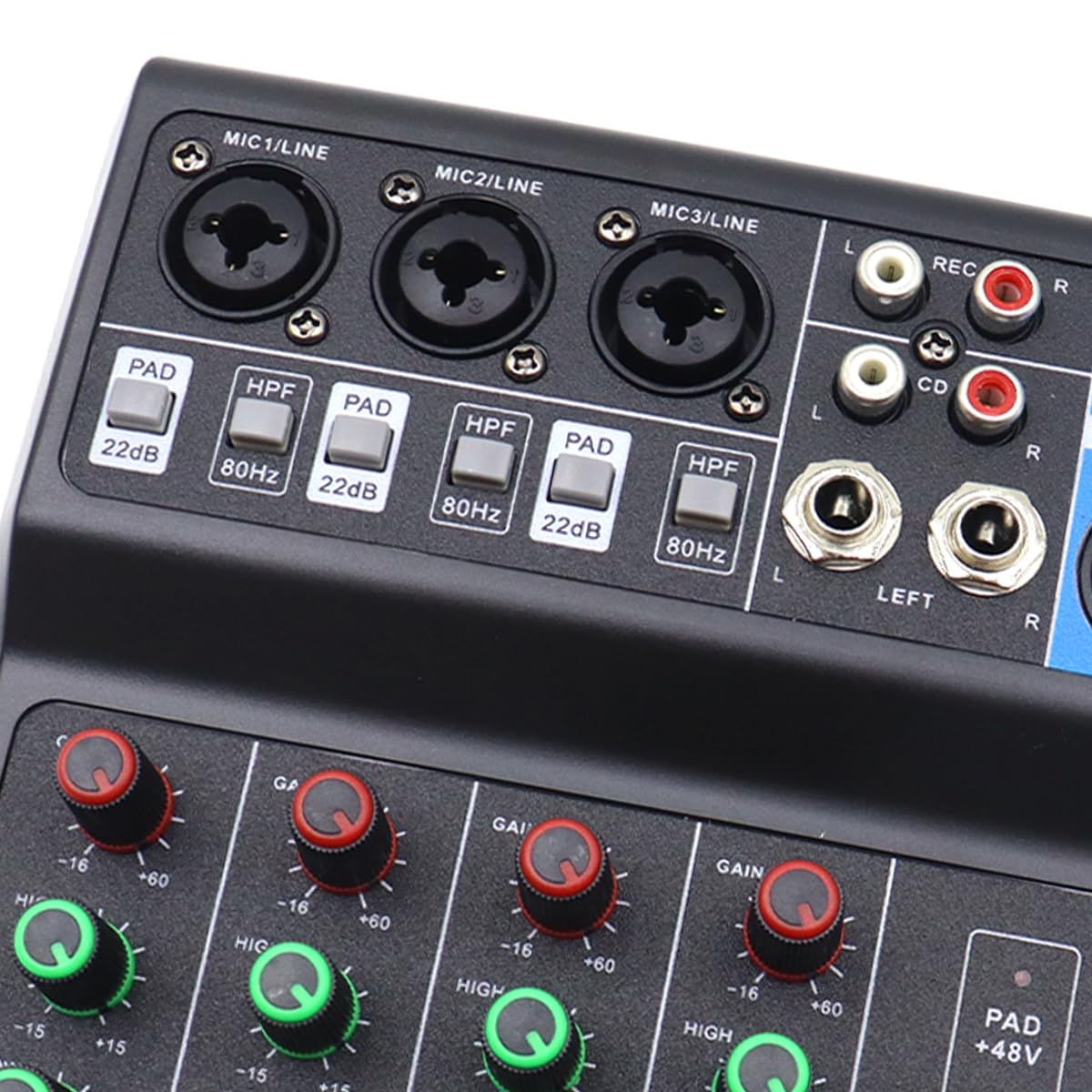 Riven Mini Audio DJ Mixer Sound Board Sistema de Consola de 5 Canales 48V USB MP3 Estéreo DJ Estéreo Live DJ Studio Streaming para fiestas de grabación profesional KTV Stage