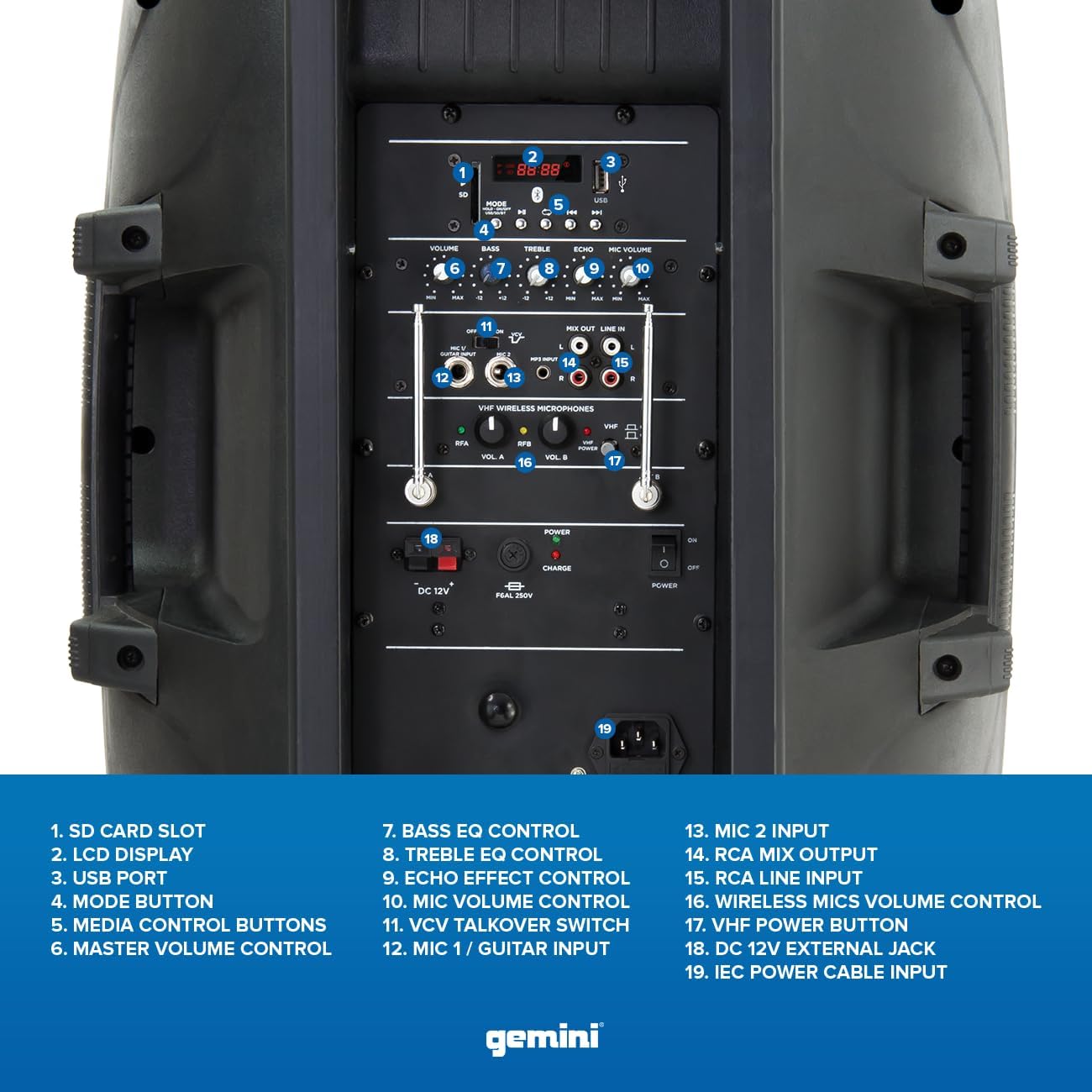 Gemini Sound ES-15TOGO Wireless Portable Bluetooth Streaming Professional DJ PA System Trolley Active 800 Watts Speaker with Dual Mic Jacks SD Card and USB Port with 2 Wireless Mic Bundle,Black