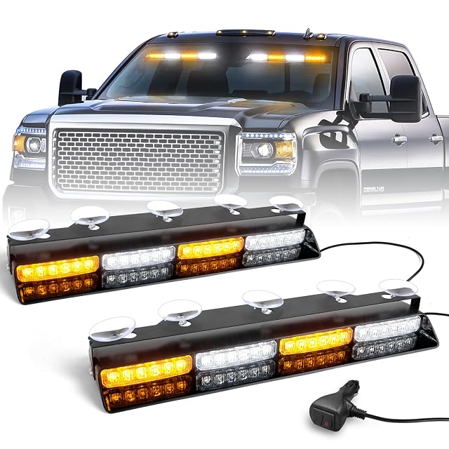 HLauto 6Z4J Emergency Dash Strobe Lights 2x16 8 inch Amber White Safety Lights 48 LED Flashing Warning Hazard
