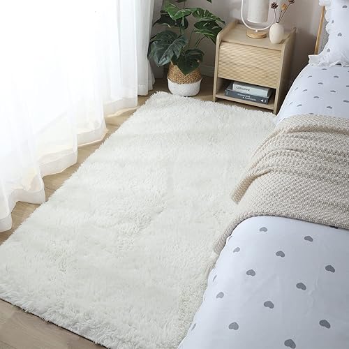 Miniatura 3 de Alfombra blanca esponjosa, de 3 x 5 pies, de teñido anudado, para dormitorio, antideslizante, extra cómoda, esponjosa para decoración de interiores