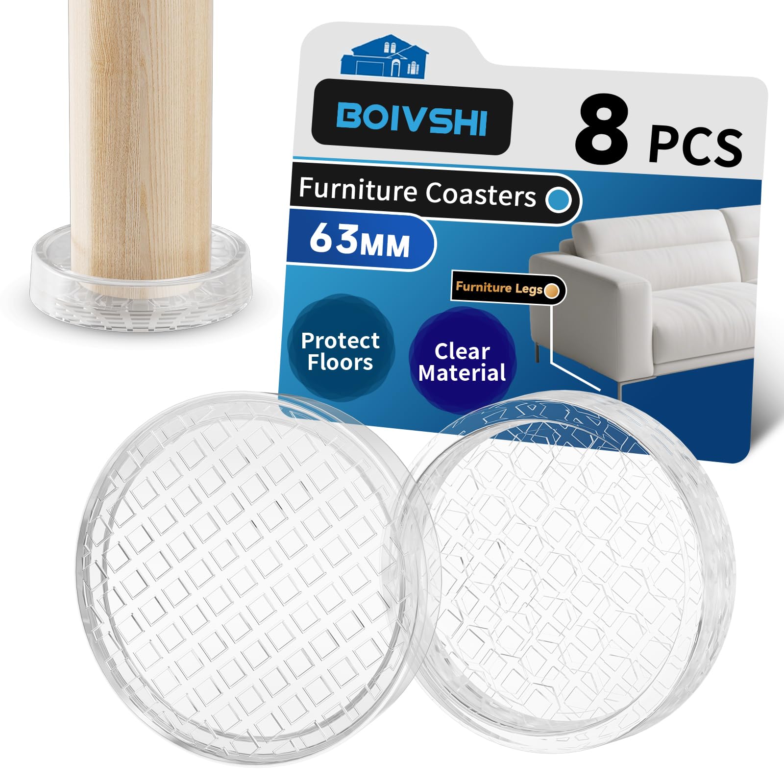 BOIVSHI Ø63mm Carpet Protector Cups, Trasnparent Furniture Coaster, Clear Castor Cups, Sofa Leg Floor Protectors 8PCS