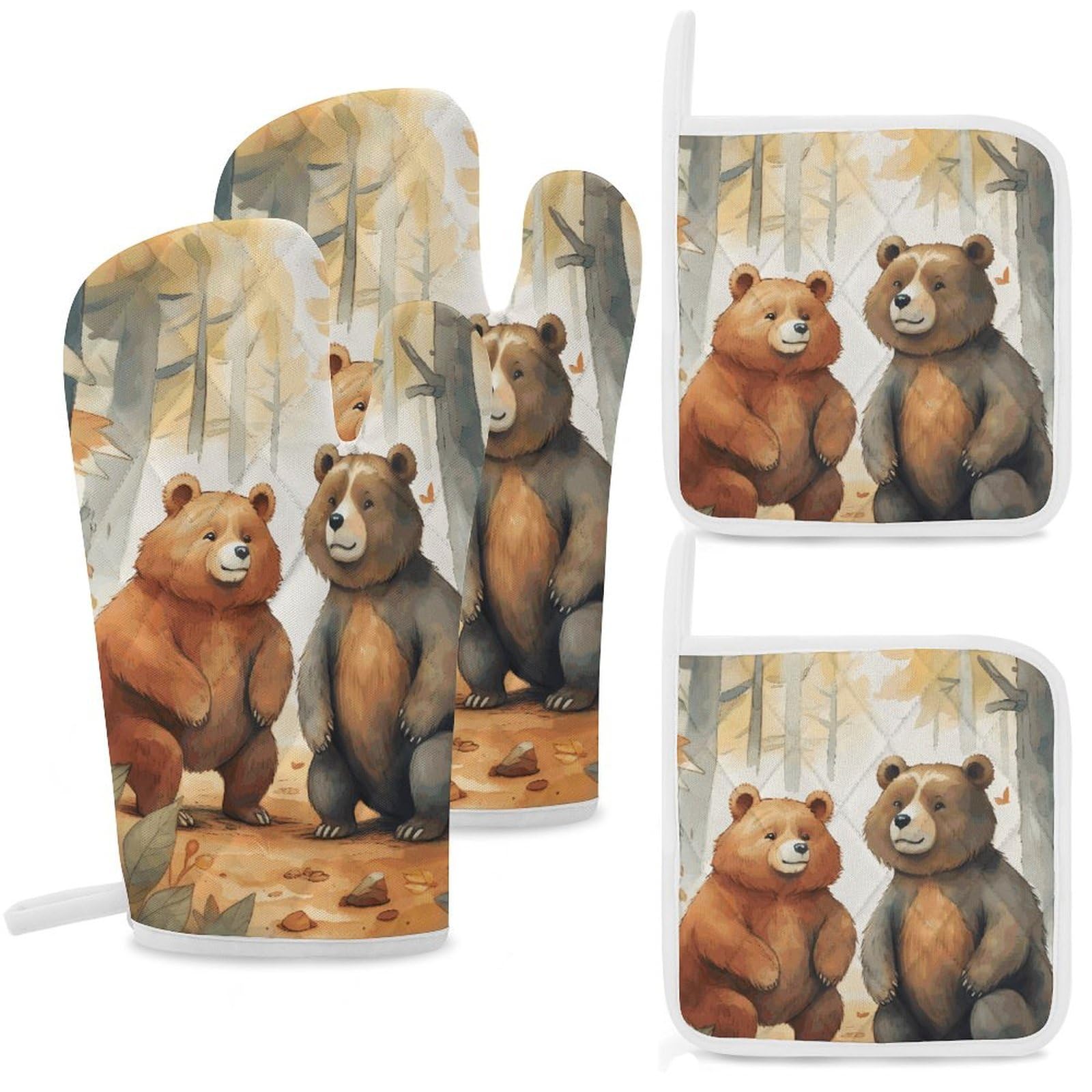 Maniques en coton ours en bois anti-brûlure lot de 4 pour plats chauds