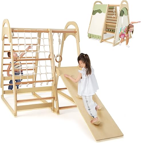 Miniatura 11 de INFANS Gimnasio de la selva para interiores, juego de escalada para interiores Montessori de 8 en 1 para niños, juego de madera para escaladores