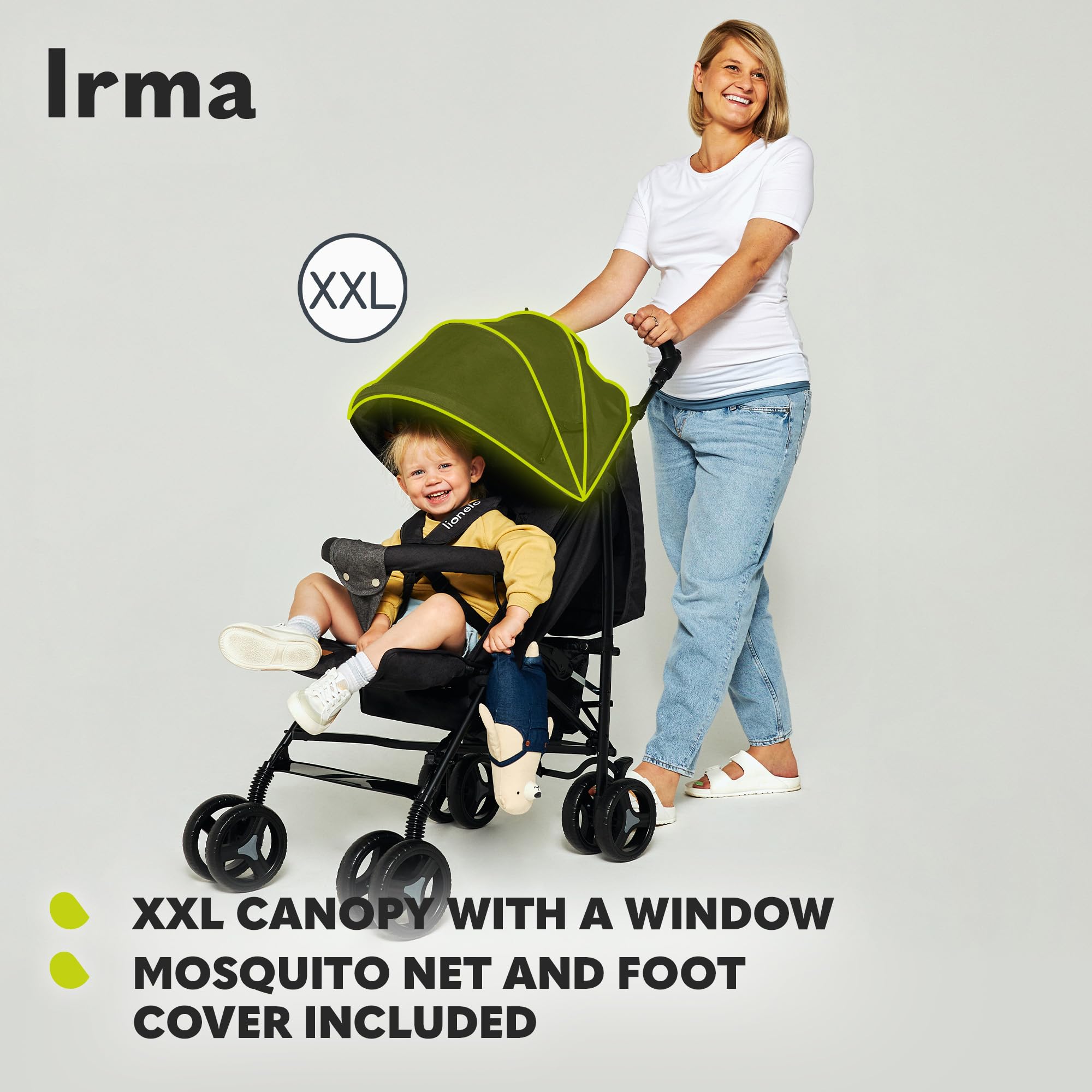 LIONELO Cochecito IRMA ligero y plegable para bebé hasta 3 años, función tumbarse, arnés de 5 puntos, ruedas grandes de 6 pulgadas, mosquitera, cesta grande y capucha, asas giratorias, cochecito | Lie-Flat Reclinable, arnés de 5 puntos, ruedas de 6 pulgad