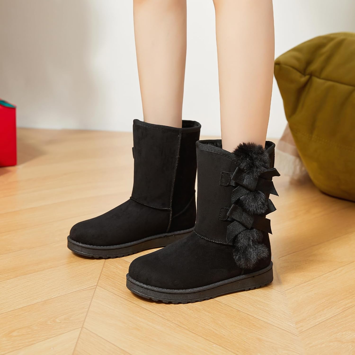 Eydram Women Winter Boots Fur Lined Fashion Mid Calf Boots for Women Warm Fuzzy Boots Comfortable Black Womens Snow Boots with Bowknot - Image 9