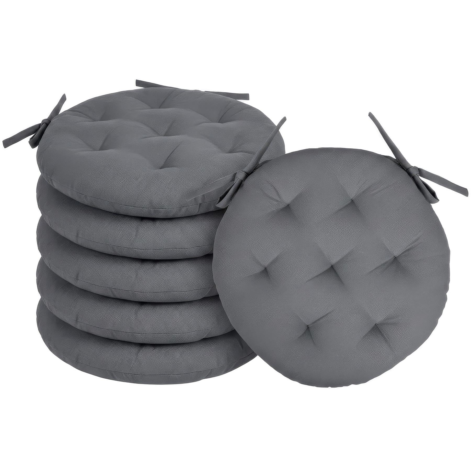 Harbour Housewares Round Seat Pads Pack of 6-40 x 40cm Thick Cushions with Ties, Indoor Outdoor Chair Seat Pads for Dining Chairs, Garden, Patio & Bistro Seating - Grey — image 1