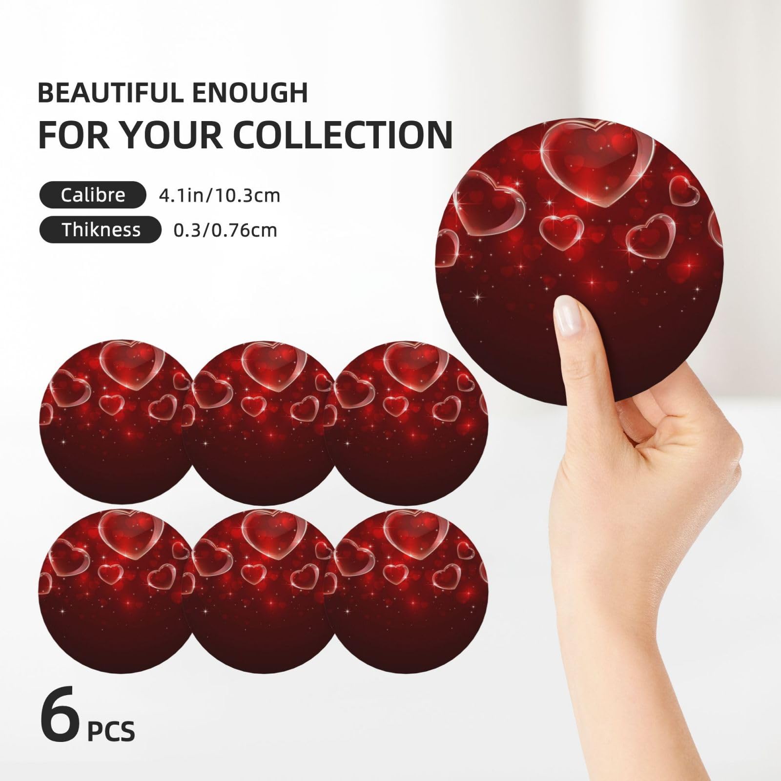 Lot de 6 dessous de verre absorbants en céramique avec base en liège Motif cœur rouge