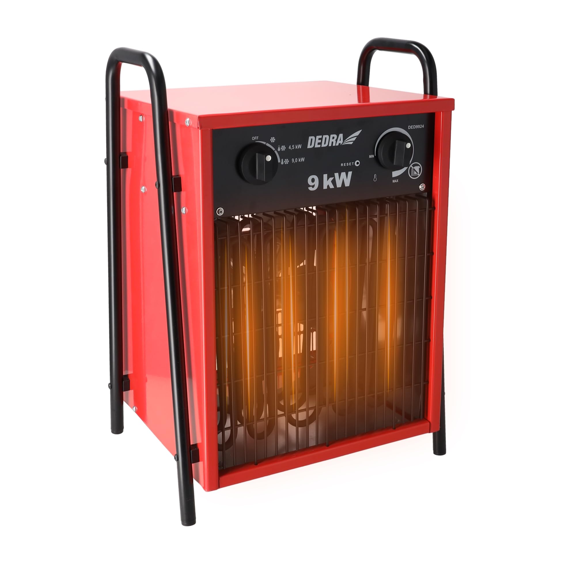 Elektroheizer 9 kW, 400 V, 4500/9000 W, 708 m³/h, Heizlüfter, Thermostat, 2 Heizstufen, 3 Betriebsarten, Überhitzungsschutz, bis 90 m², Garage, Werkstatt, DEDRA DED9924