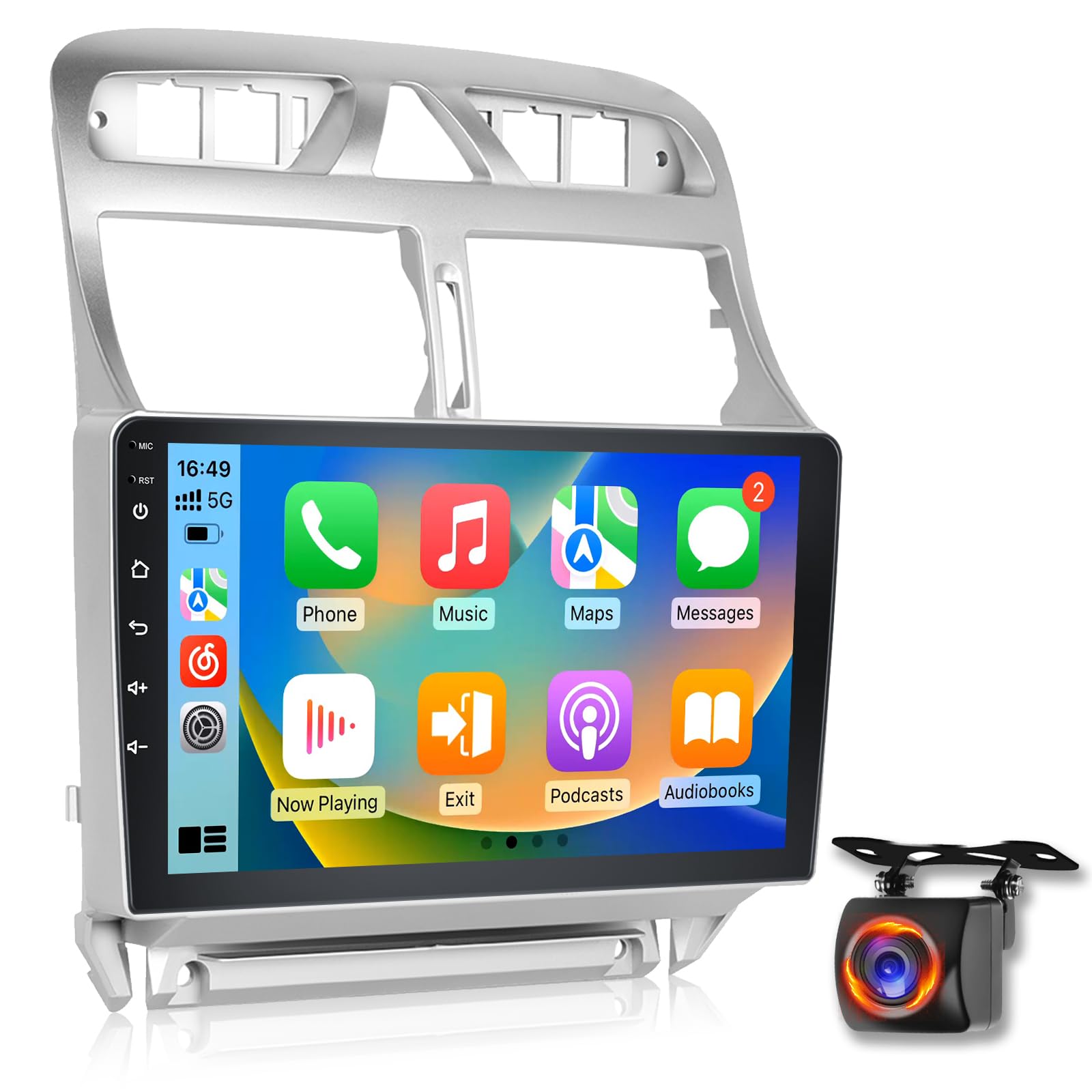 Autoradio Android per Peugeot 307 2002-2013, stereo touchscreen IPS da 9 pollici 2+64G con CarPlay & Android Auto wireless, GPS WiFi Bluetooth DSP 32EQ Audio + telecamera posteriore AHD