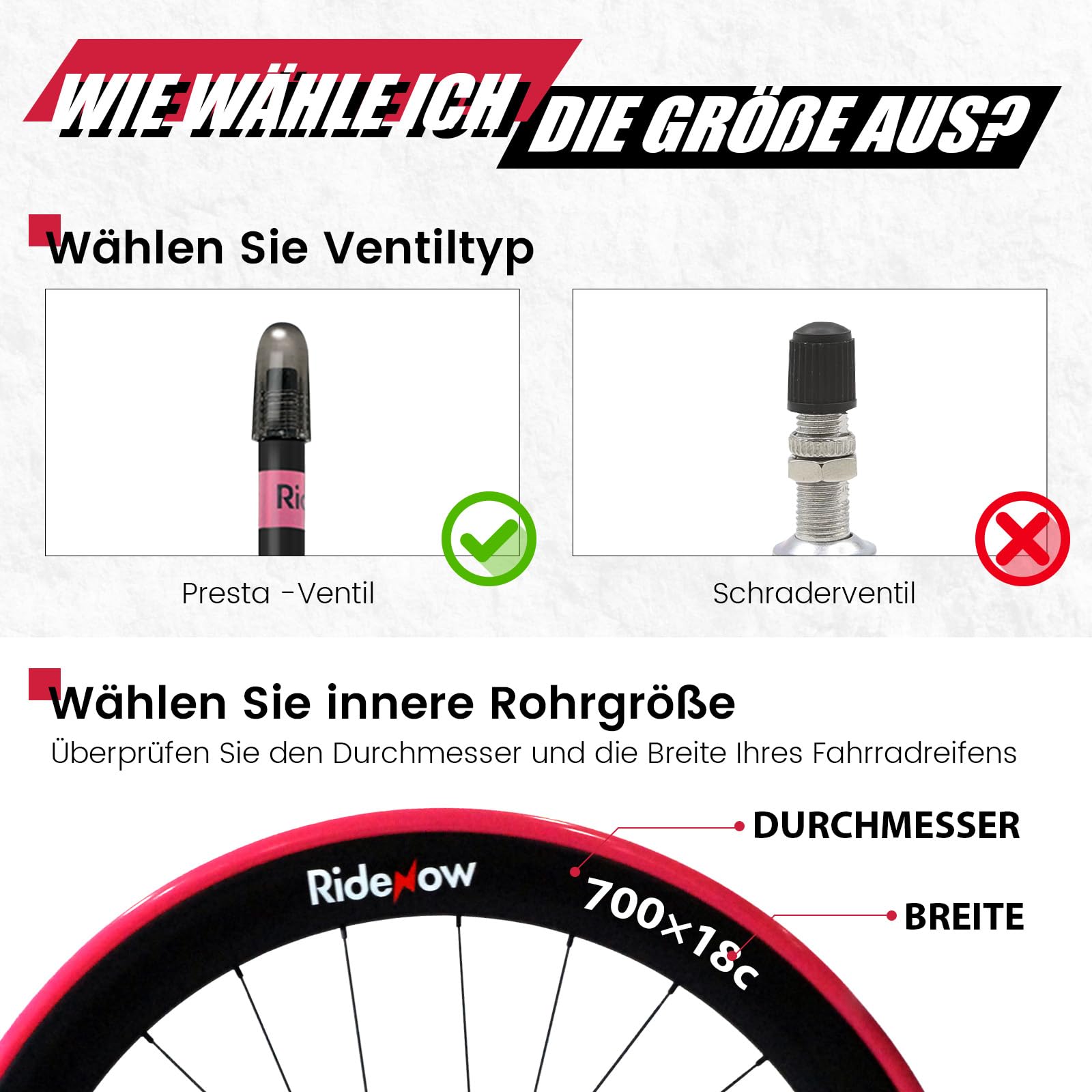 RideNow TPU Schlauch Rennrad Kompatibel mit 700x18-28C, 700x18-32C, 700x28-38C, 2 Pack 700C Ultraleichter Fahrradschlauch mit Presta Ventil 45/65/85mm, 19g/24g/36g/39g