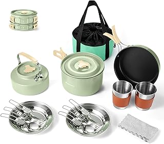 Odoland Camping Kochgeschirr Set Antihaft-Topf und Pfanne Set mit Wasserkocher, Edelstahl Utensilien Mess Kit, Tassen Teller Messer Löffel Gabeln für Outdoor Kochen