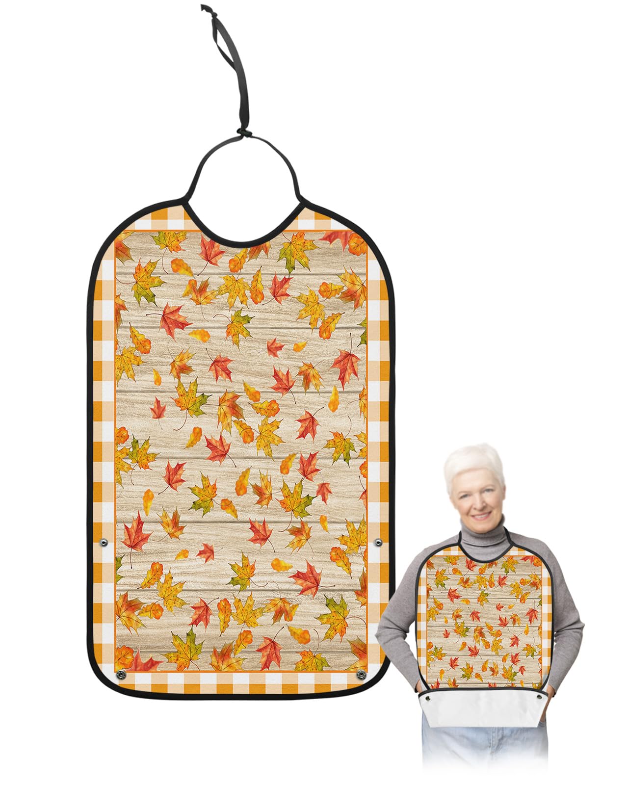 Vintage Leaves Adult Bib for Eating with Crumb Catcher,Washable & Waterproof Terry Cloth Adjustable Elderly Women Men Adult Bibs Funny Clothing Protector Orange Fall Autumn Maple Wood Grain Plaid