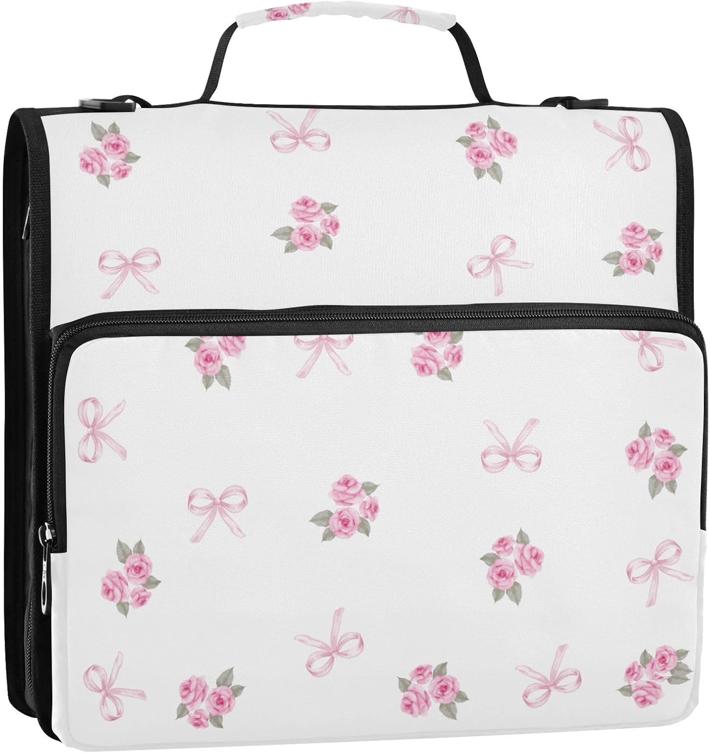 Pink Rose Ribbons Leaves Zipper Binder with Shoulder Strap Trapper Keeper 3 Ring Binder Organizer Large Capacity Multiple Compartments for School Office