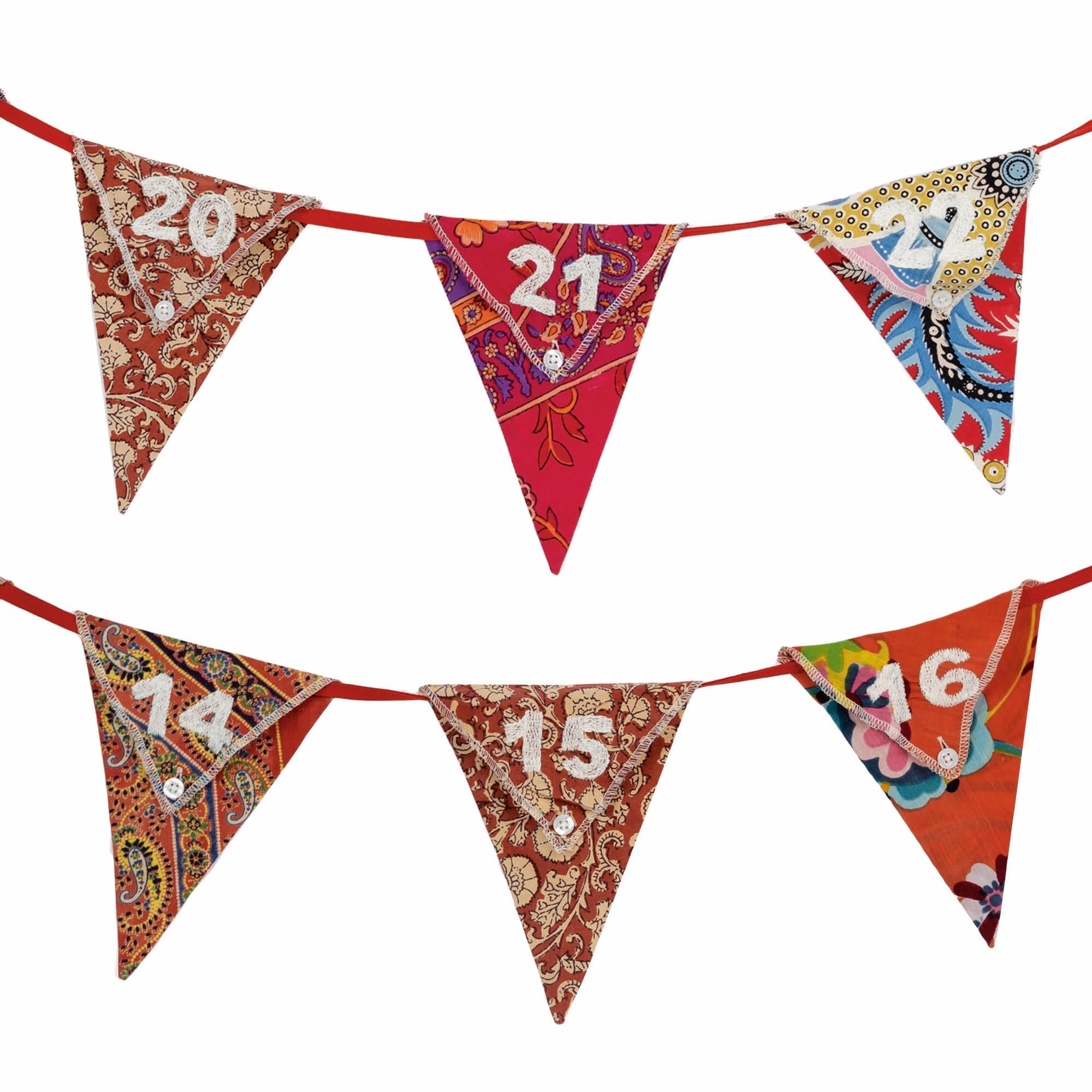 Calendrier de l'Avent en tissu recyclé | Décorations de Noël réutilisables provenant de sources éthiques | Remplissez de friandises | Fabriqué à partir de coton recyclé | Profitez de nombreux Noël à