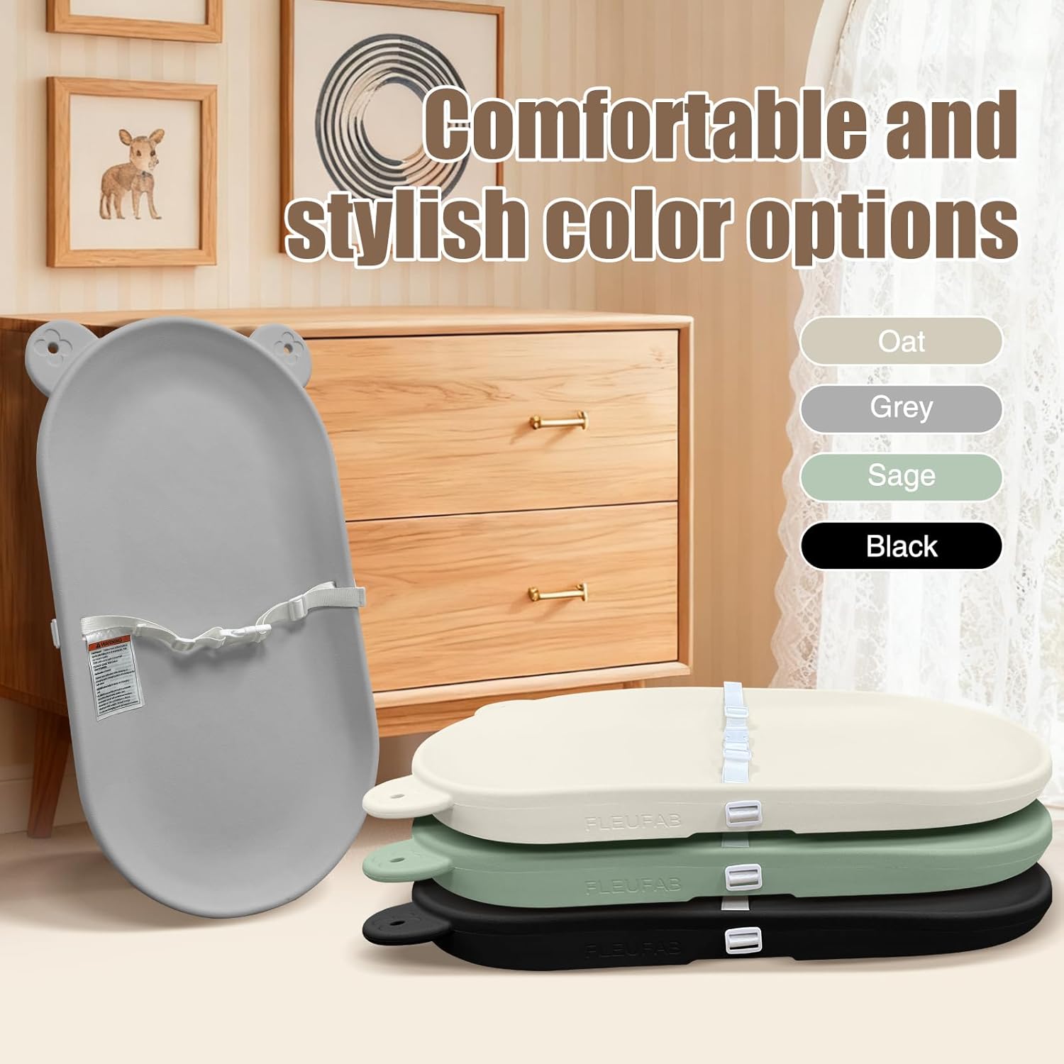 Waterproof Baby Changing Pad, Lightweight and Portable Changing Table with Strap for Changing Diaper, Dresser, Changing Table, Bed, Wipeable Changing Pad, Grey