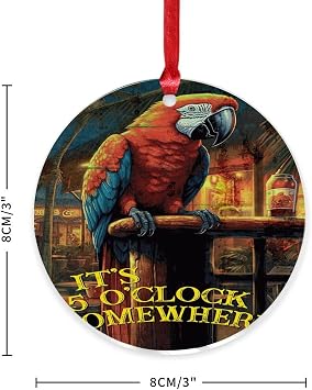 It's Five O'clock Somewhere Christmas Tree Ornament Tiki Bar Pool Hot Tub Luau Rustic Keepsake Clear Acrylic Discs Macaw Parrot Animal Pet Pendant for Christmas Tree Decoration Gift Tag Name Plates