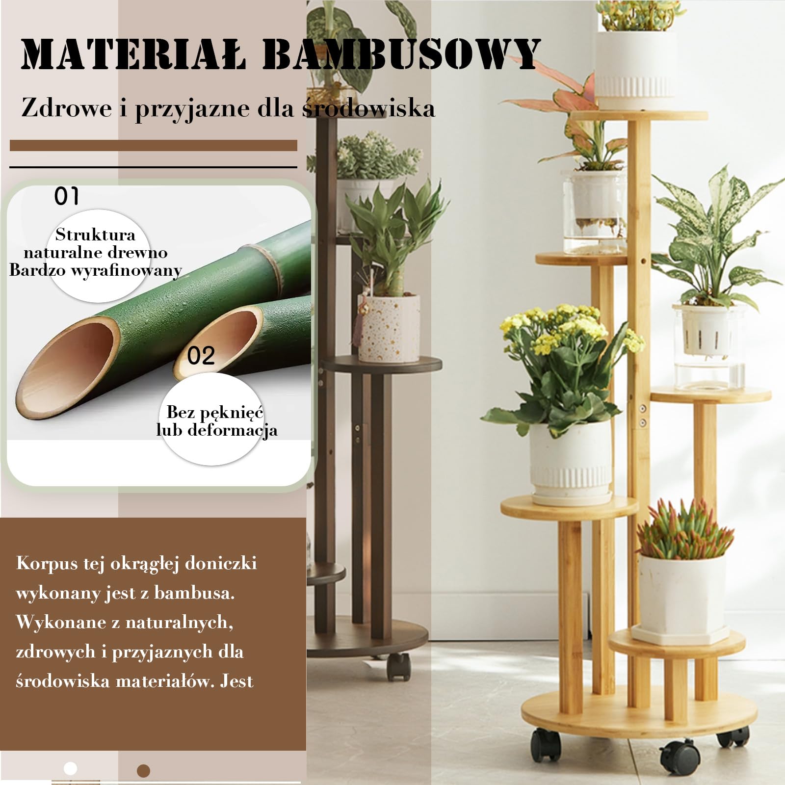 Stojak na kwiaty z bambusa, z rolkami, 5 poziomów, stojak na rośliny, 90 cm, regał narożny z drewna, regał na rośliny, do użytku na zewnątrz, podwozie Ø 33 cm (kolor drewna)