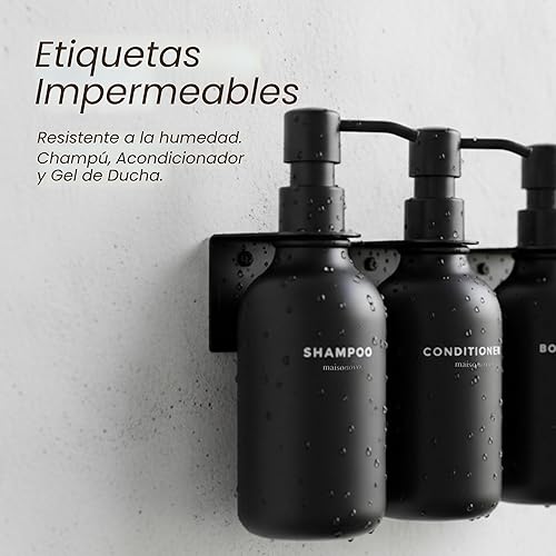 Miniatura 4 de MaisoNovo Dispensador de champú y acondicionador, dispensador de jabón de ducha montado en la pared, juego de 3 botellas de plástico negras de 16.9