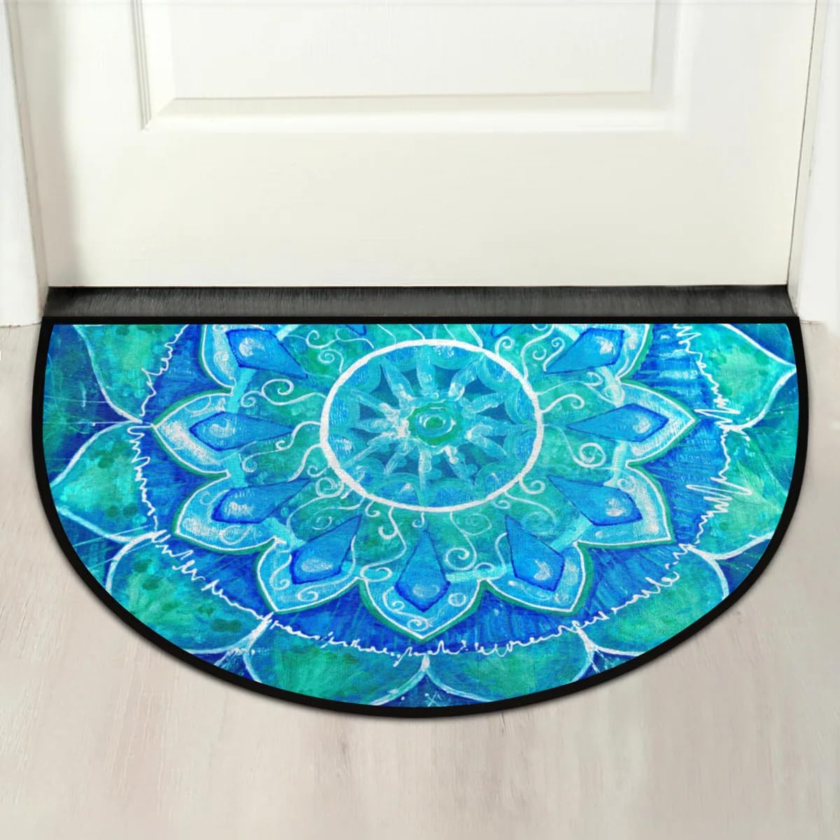 cfpolar Half Round Blue Boho Mandala Semicircle Mat, Non Slip Area Rug Soft Doormat for Front Door Indoor Entrance Welcome Mat for Garage Patio Home Decor 24 x 36 in