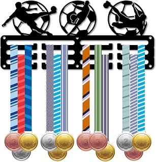 CREATCABIN Soporte para Medallas de Fútbol, Pequeño Estante para Medallas, Colgador de Cintas para Premios Deportivos de Fútbol con 3 Y 12 Ganchos, Decoración de Metal Montada En la Pared para Colgar