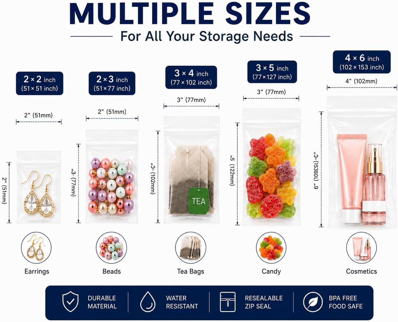 Small Zip Bag 2"x3",1000 Pcs Mini Baggies, Clear Plastic Jewelry Zip Bags | Reclosable Zipper Storage Bags for Pills, Beads, Screws, Small Items thumbnail