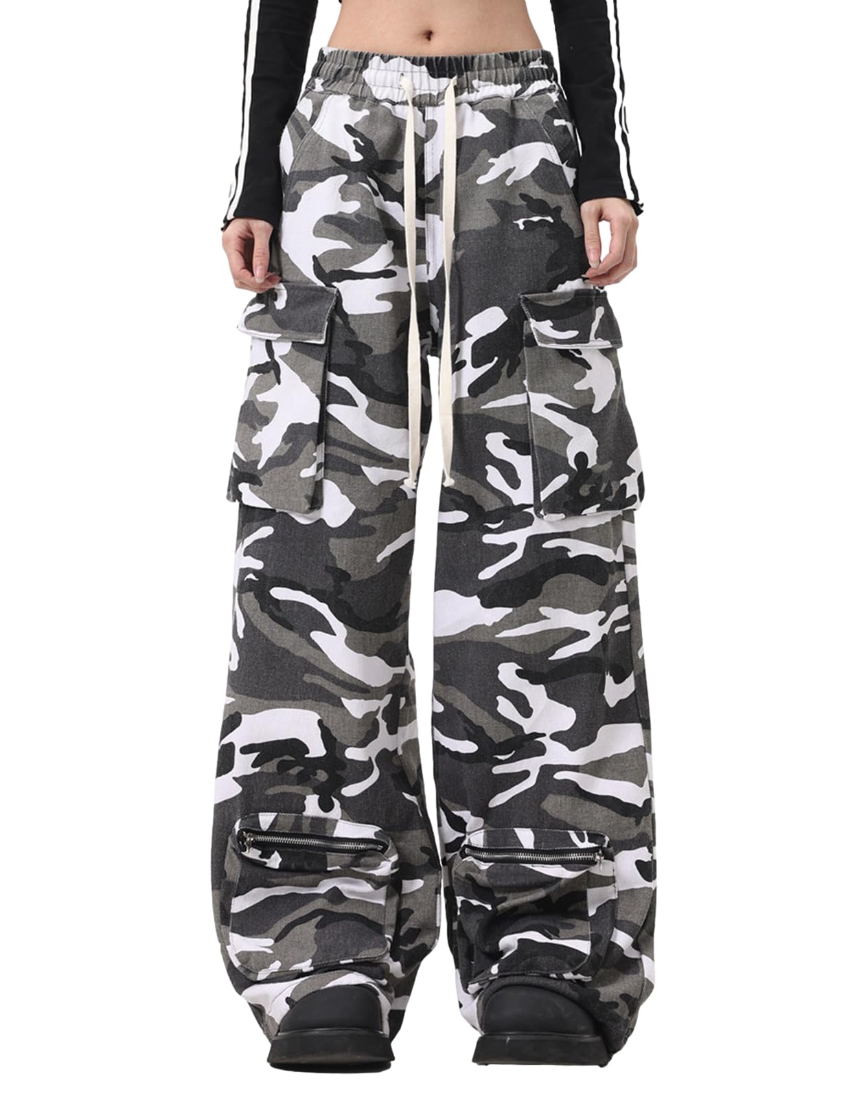 Womens Cargo Pants Loose Streetwear Drawstring Trousers Casual Wide Leg Pants