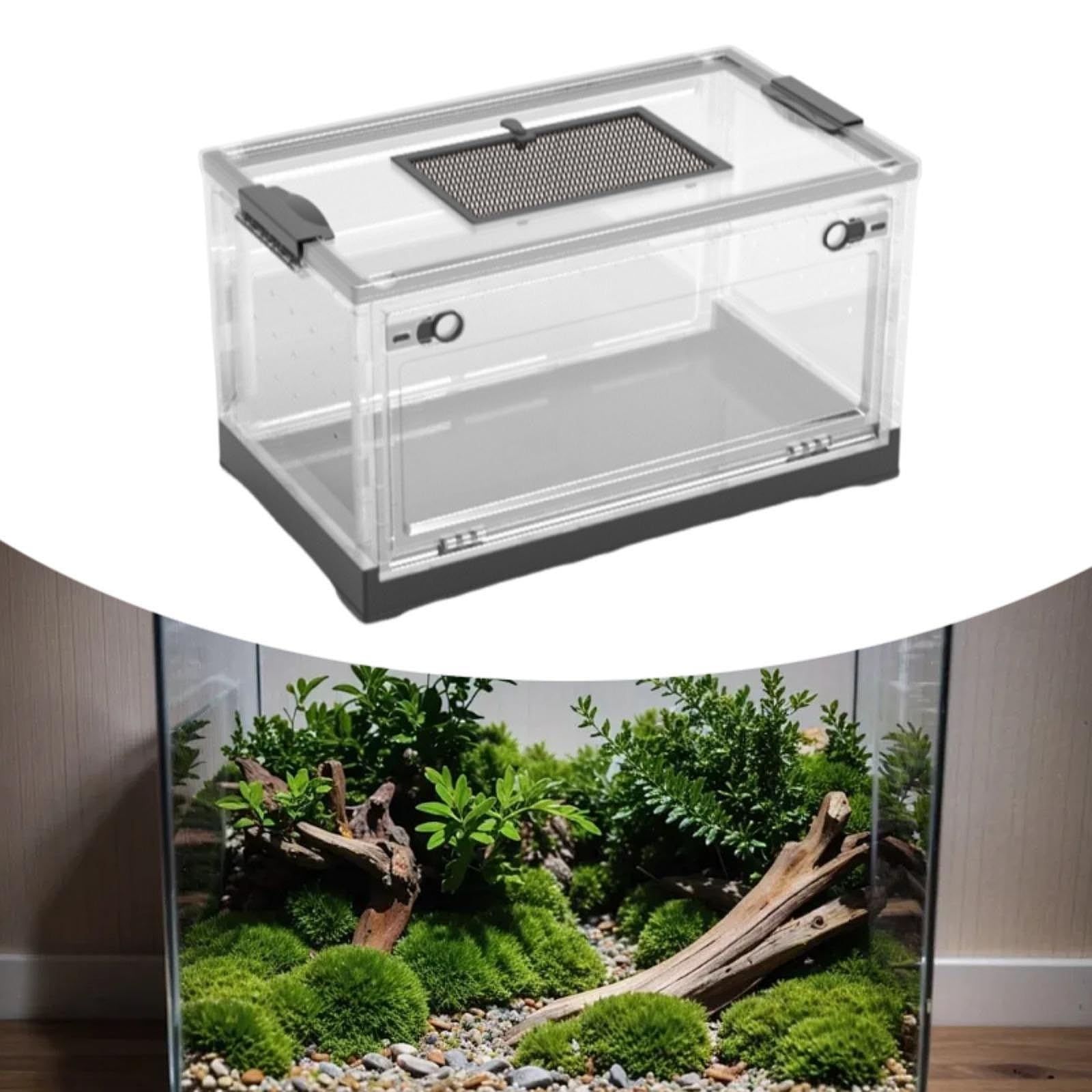 Terrario Transparente para Reptiles con Tapa Deslizante Ventilada, Hábitat Plegable con Frontal, Fabricado en Material Pet/PP, Adecuado para Uso Domés, Black L, Individual