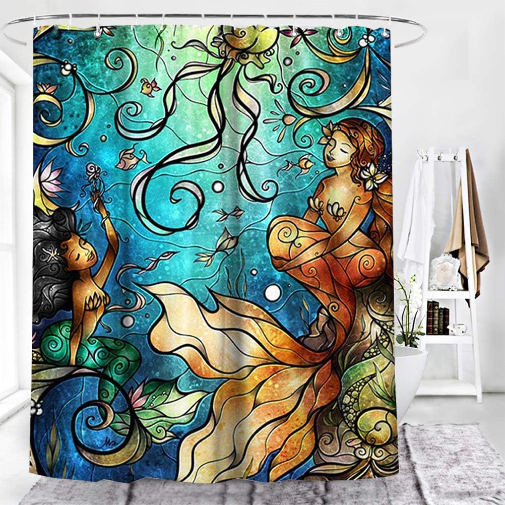 Wencal Mermaid Shower Curtain for Bathroom with Hooks Waterproof 72 x 72 Inches
