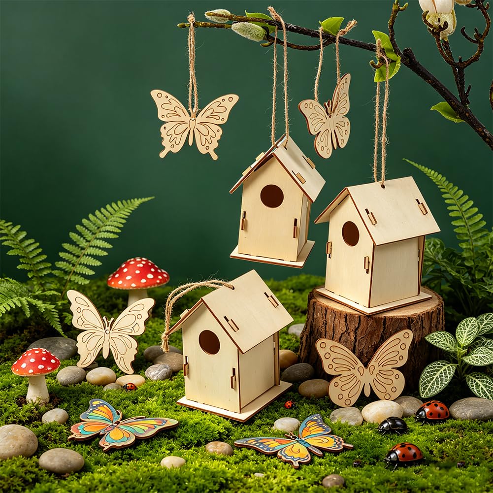 Juego de 16 casitas de madera para pájaros de mariposa, para bricolaje, sin terminar, para colgar, proyectos de manualidades de madera, para manualidades, primavera y verano, comedero para