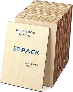 Unfinished Wood Pieces,50Pcs Basswood Sheets 1/16,Thin Plywood Wood Sheets for Crafts,Perfect for DIY Projects, Painting, Drawing, Laser,Engraving,Burning and CNC Cutting(150x100x1.5mm)