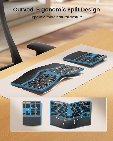 Close-up of the ProtoArc split ergonomic keyboard showing the key layout and integrated wrist rest.