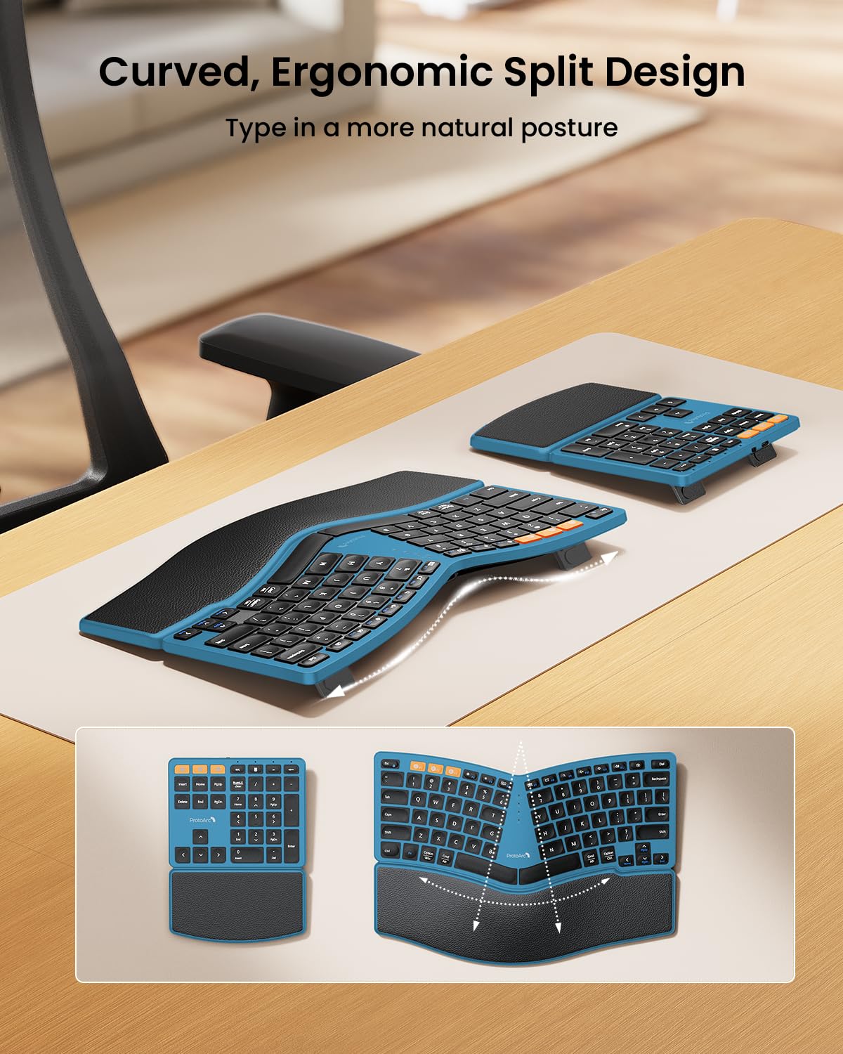 Close-up of the ProtoArc split ergonomic keyboard showing the key layout and integrated wrist rest.